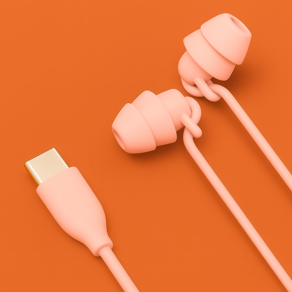 beige earbuds with a USB cable on an orange background