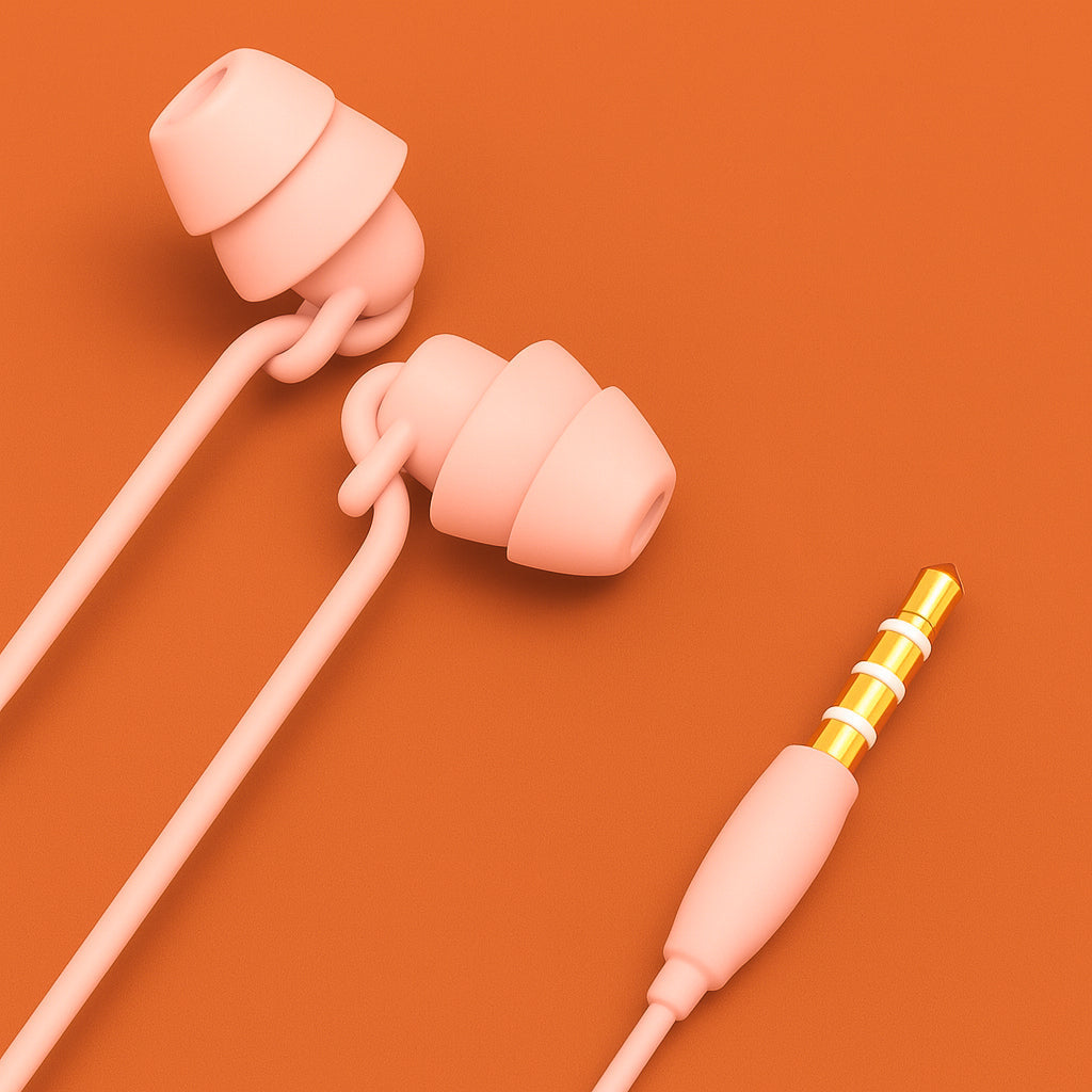 earphones with a gold connector on an orange background