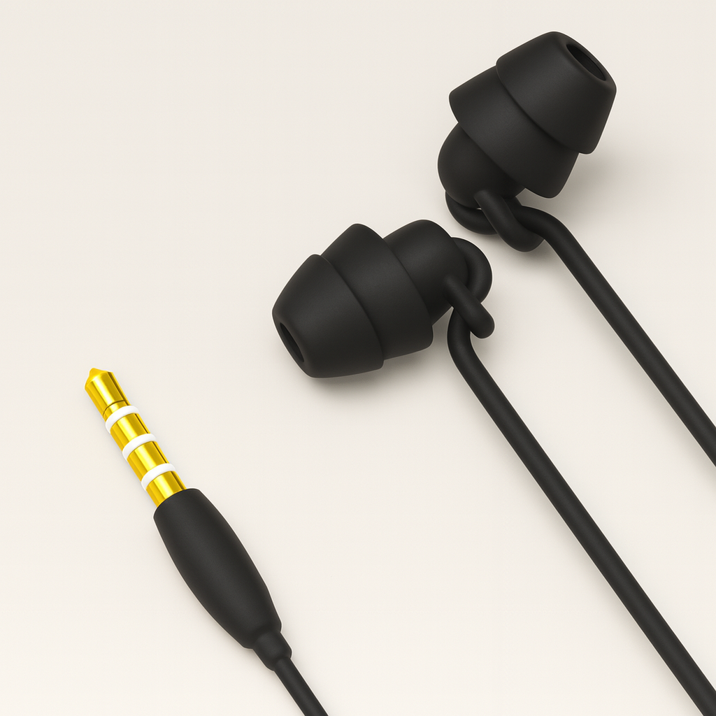 Black earphones with a gold and black connector on a white background