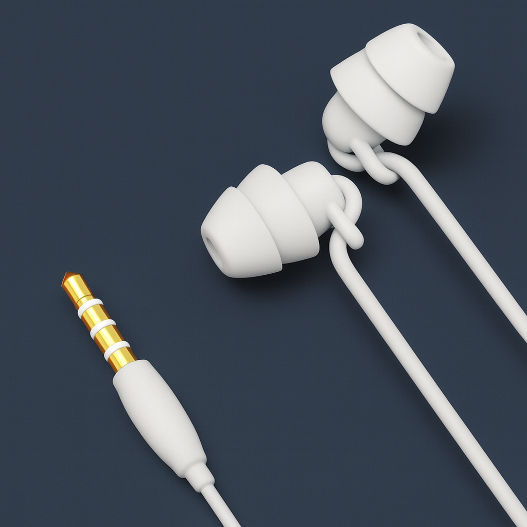 White earphones with a gold plug on a dark background