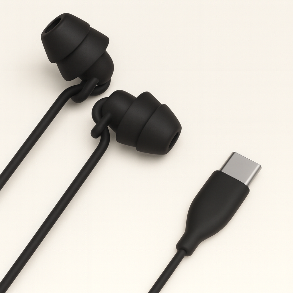 Black earbuds with USB-C connector on a white background