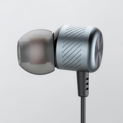 Silver in-ear headphones on a light gray background